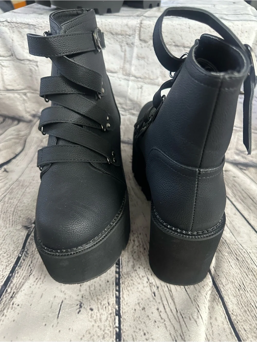 Women's Black Platform Ankle Boots with Buckle Straps